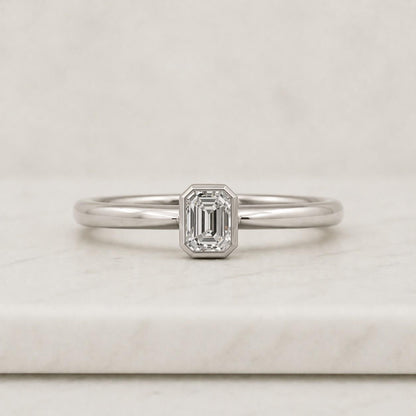Emerald Cut Moissanite Ring | Bezel Set Solitaire Engagement Ring | Sterling Silver Minimalist Bridal Jewelry
