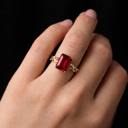 Emerald Cut Lab Created Ruby Solitaire Ring Yellow Gold Minimalist Ring Statement Art Deco Jewelry July Birthstone Anniversary Gift for Her

