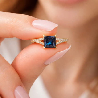 3.5CT Blue princess Lab Diamond Halo Engagement Ring | Split Shank Pave Statement Ring