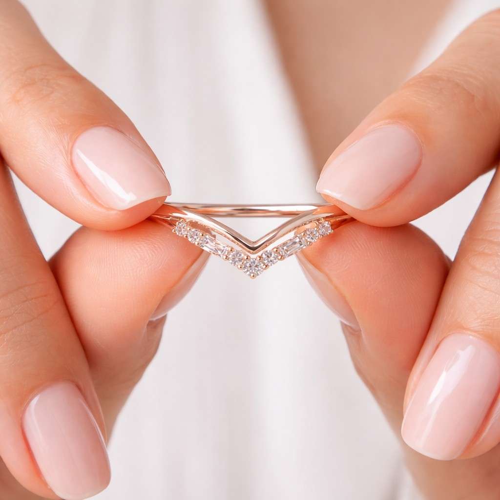 baguette & round cut lab grown diamond curved band, 14k solid gold v shape diamond band, cvd diamond proposal band, lab diamond chevron band