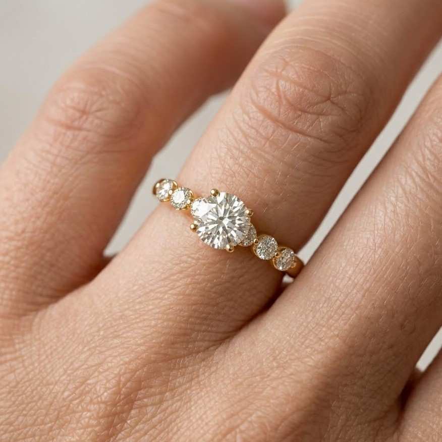 3 carat round cut lab grown diamond engagement ring, pavé prongs setting & side stones, 14k gold
