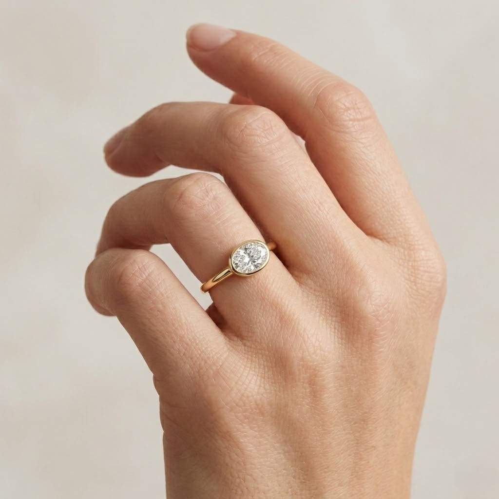 1.00 ct oval lab grown diamond ring | bezel set engagement ring | bold gold band | minimalist solitaire ring | gift for her