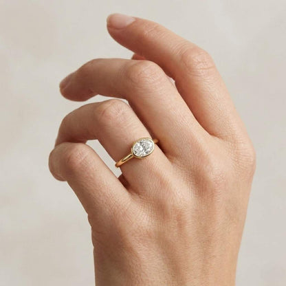 1.00 CT Oval Lab Grown Diamond Ring | Bezel Set Engagement Ring | Bold Gold Band | Minimalist Solitaire Ring | Gift for Her