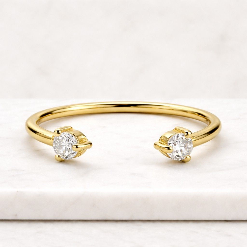 dainty 14k gold open cuff natural diamond ring, stackable band (0.04 ct)