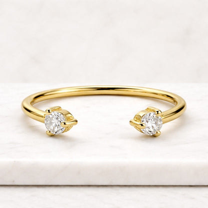 Dainty 14k Gold Open Cuff Natural Diamond Ring, Stackable Band (0.04 CT)
