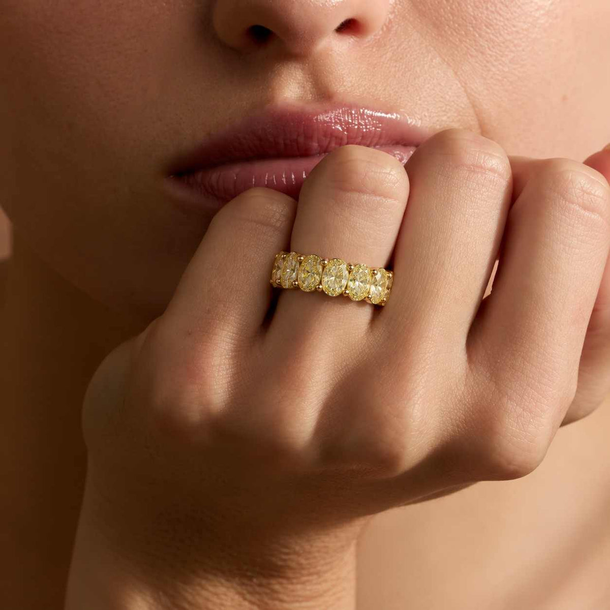 9ct fancy yellow oval moissanite eternity band, 10k 14k 18k yellow gold wedding ring, stackable bridal anniversary ring for women
