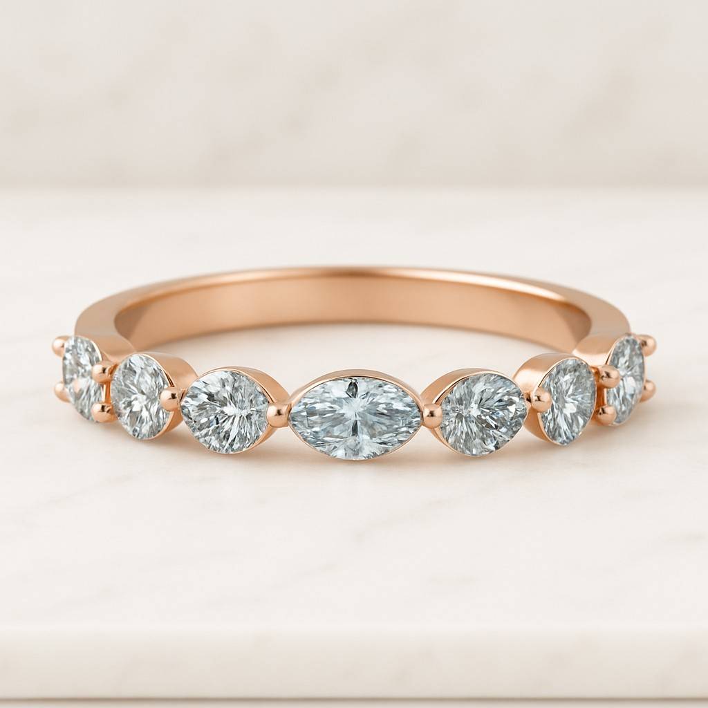 Alternating Lab Grown Band 2 MM Marquise and Round Cut Lab Grown Wedding Band Half Eternity Band Stackable Band Shared Prong Wedding Band