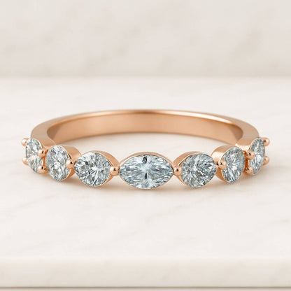 Alternating Lab Grown Band 2 MM Marquise and Round Cut Lab Grown Wedding Band Half Eternity Band Stackable Band Shared Prong Wedding Band