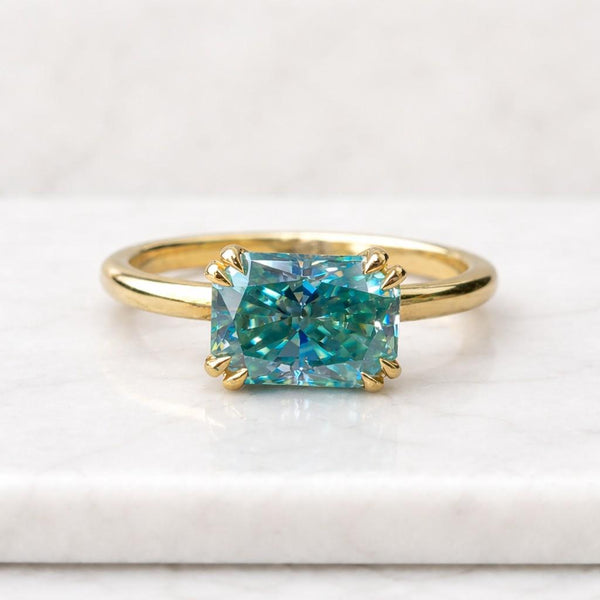 teal ring blue stone ring solitaire ring radiant cut ring rectangle stone ring prong setting ring thin band ring gold band ring