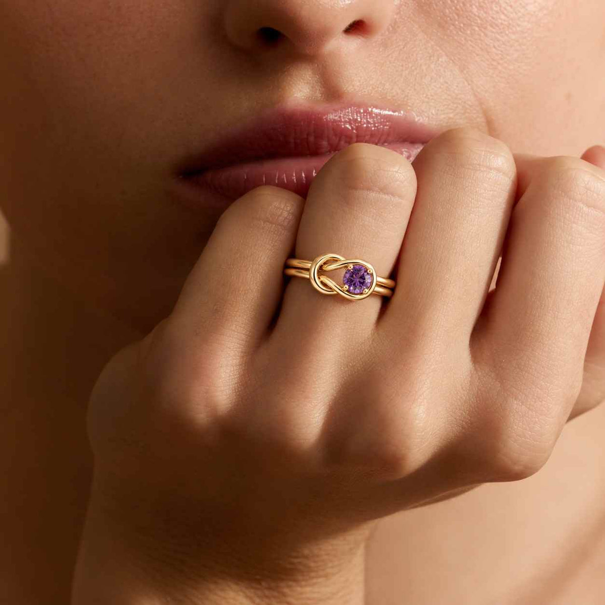 amethyst infinity twist ring, 925 sterling silver, round cut purple stone, february birthstone
