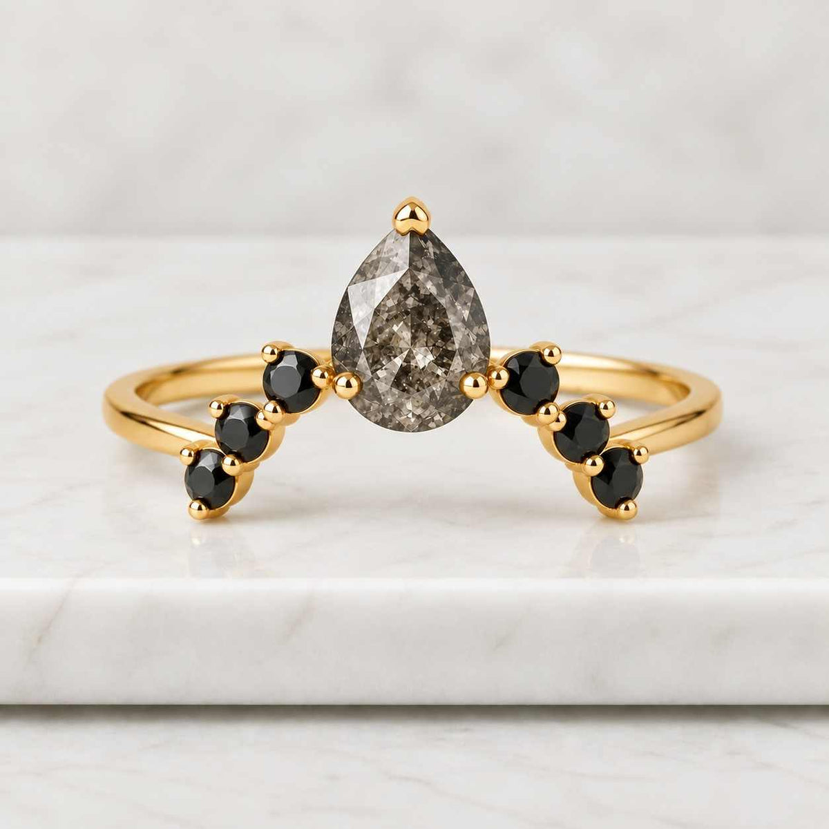 Anniversary Black rutilated quartz bridal set Curved Solid Gold wedding band engagement ring