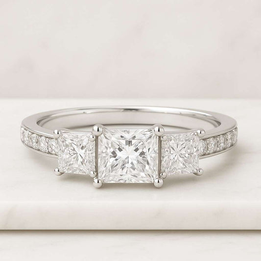 Anniversary Gift for Wife Three Stone Engagement Ring, Princess Cut with Trapezoid Cut Lab Created Diamond Wedding Ring