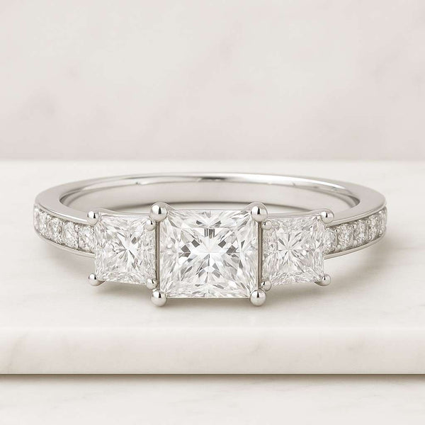 Anniversary Gift for Wife Three Stone Engagement Ring, Princess Cut with Trapezoid Cut Lab Created Diamond Wedding Ring