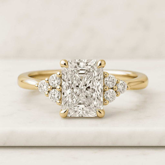 Antique Style 2.10 carat E Color VVS2 Clarity IGI Certified Emerald Cut Lab Grown Diamond Engagement Ring Side Round Diamonds 14k White Gold