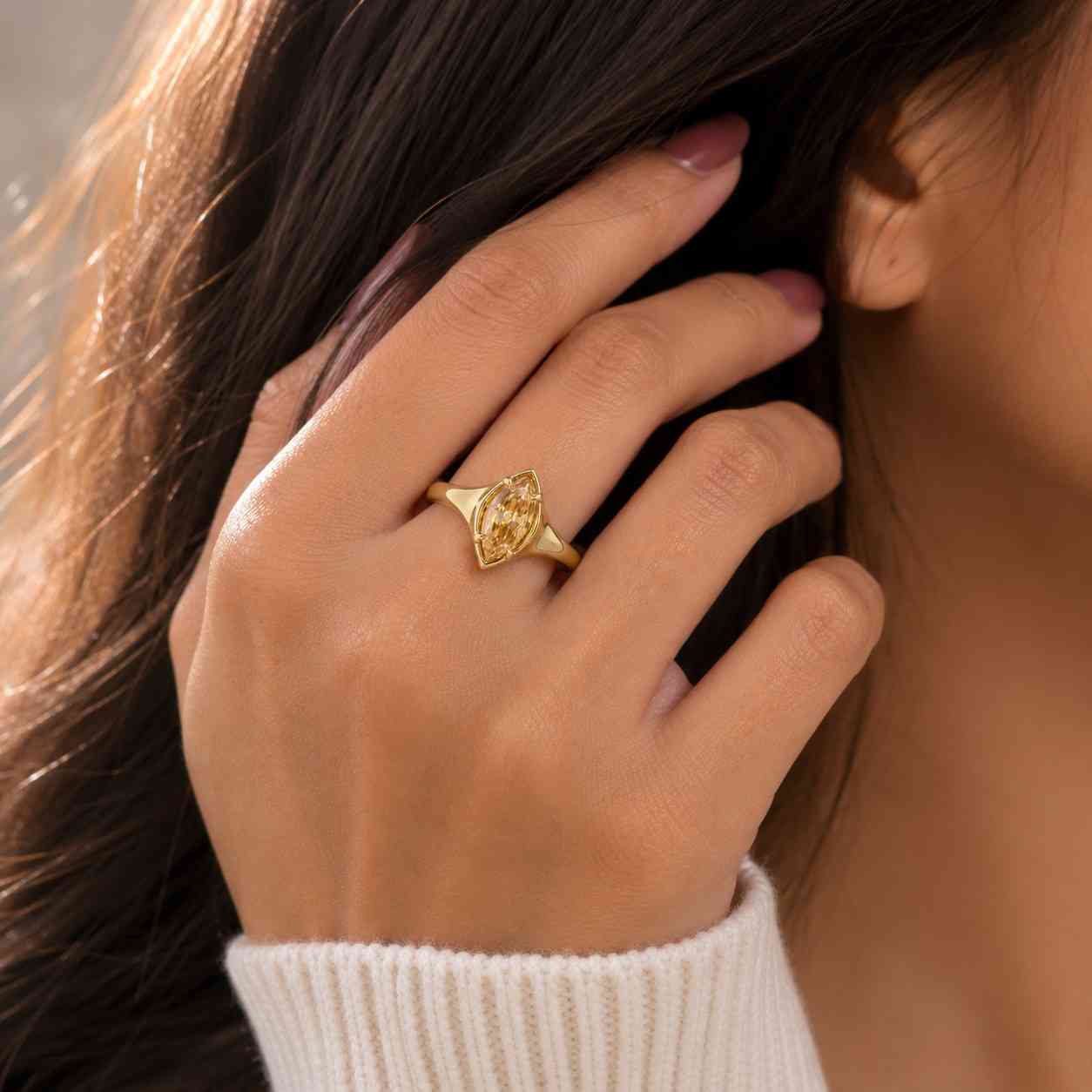 antique style floral inspired ring, champagne dutch marquise cut lab grown engagement ring, vintage leafy vine solitaire ring, 14k gold ring