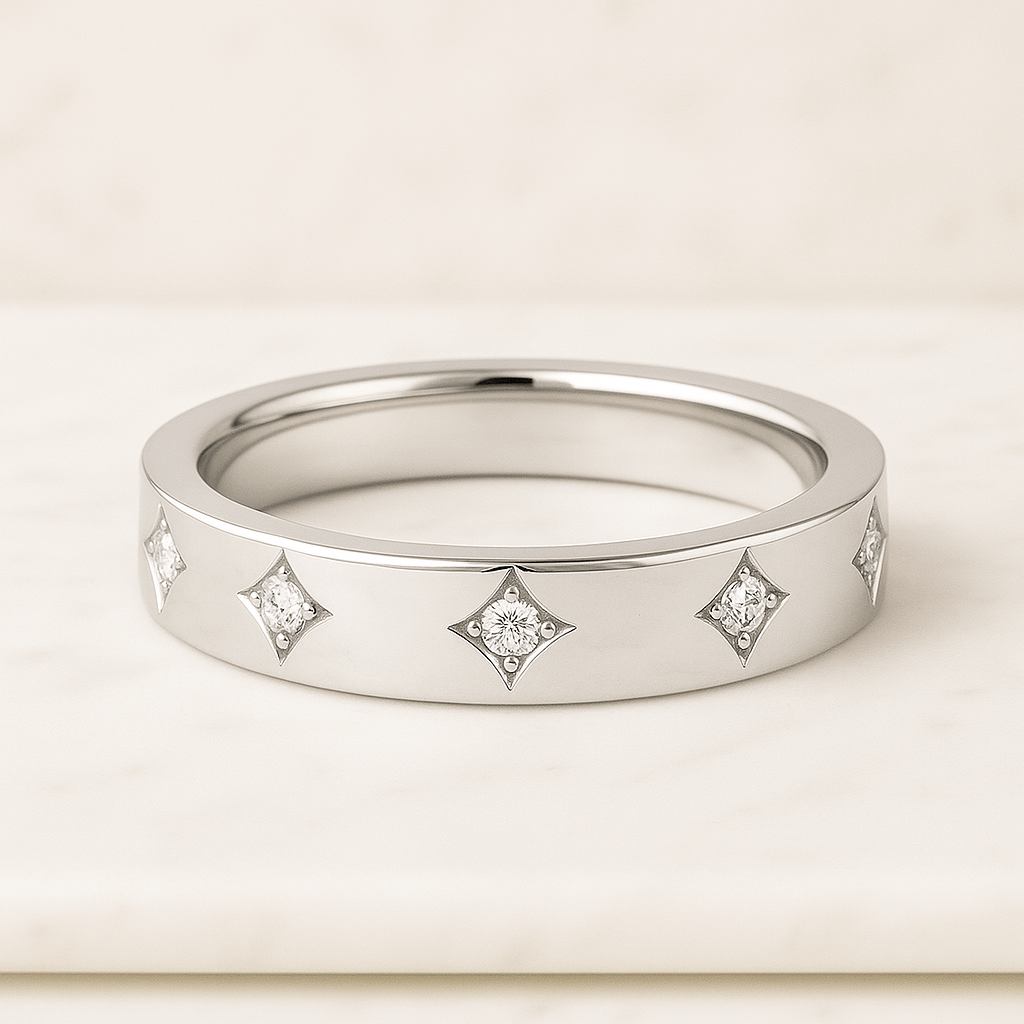 Diamond Star Wedding Band, Solid Gold Wedding Band