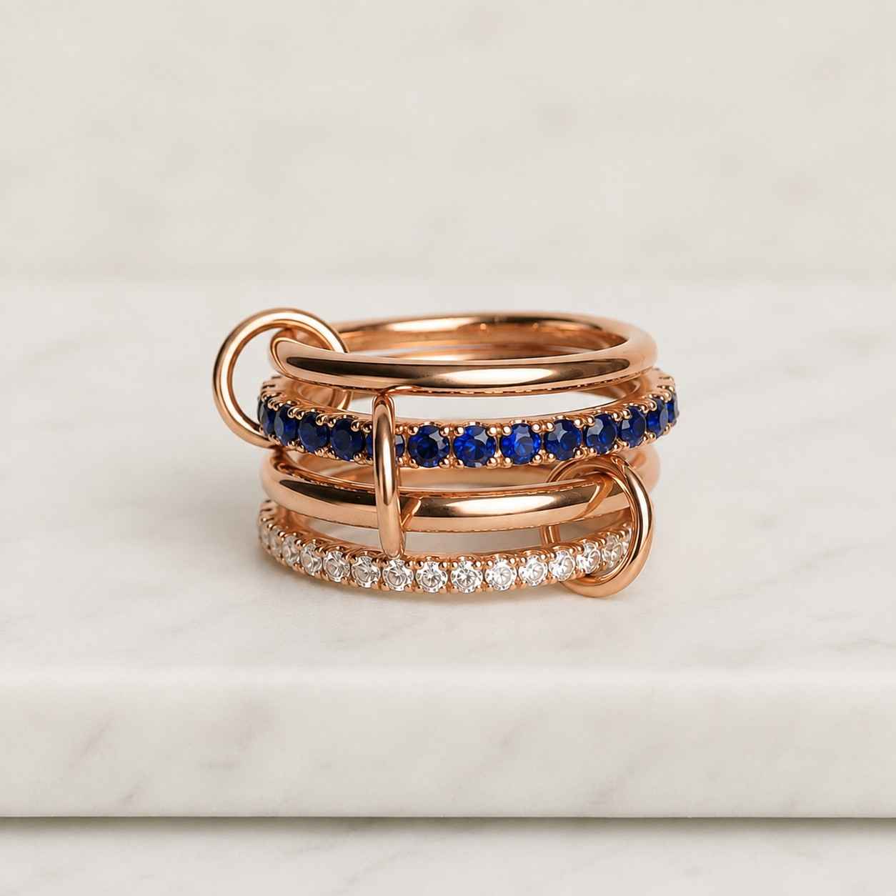 art deco blue sapphire ring, interlocking gold eternity band, vintage style linked statement ring, september birthstone gift for her