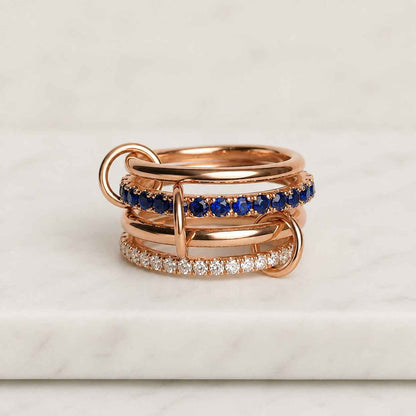 Art Deco Blue Sapphire Ring, Interlocking Gold Eternity Band, Vintage Style Linked Statement Ring, September Birthstone Gift for Her