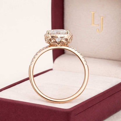 3.65 Carat Elongated Cushion Cut Moissanite Ring: Round Halo, Solid Gold

