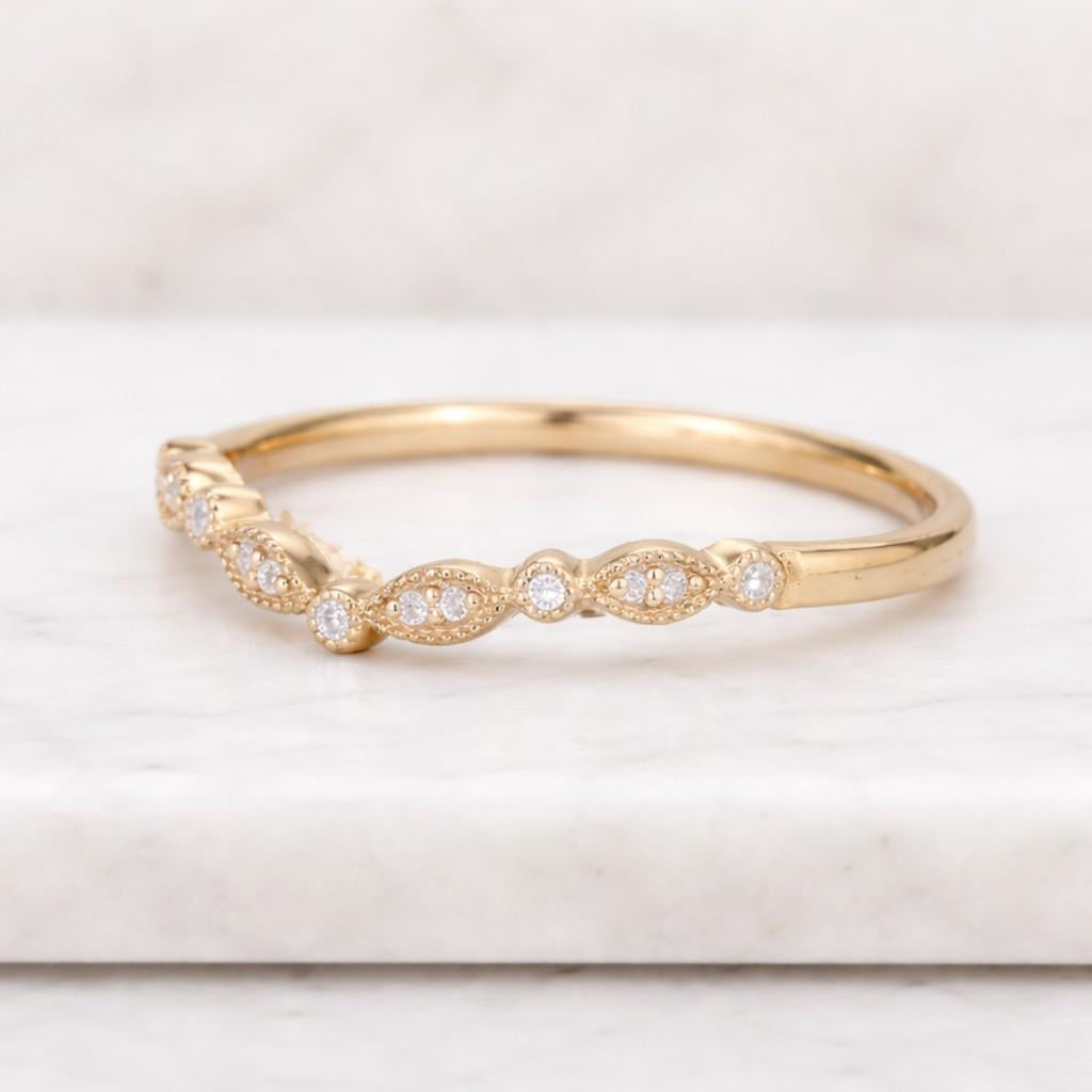 art deco edges milgrain wedding band, round cut lab grown diamond ring, antique curved shaped eternity band, 14k gold minimalist bridal band
