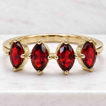 Art Deco Marquise Red Garnet Wedding Band Rose Gold Moissanite Wedding Ring Women Stackable Matching Rings Anniversary Mother Gift for Her
