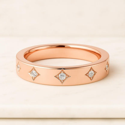 Art Deco Moissanite Star Wedding Band Hand Engraved Wedding Band Solid Gold Wedding Band