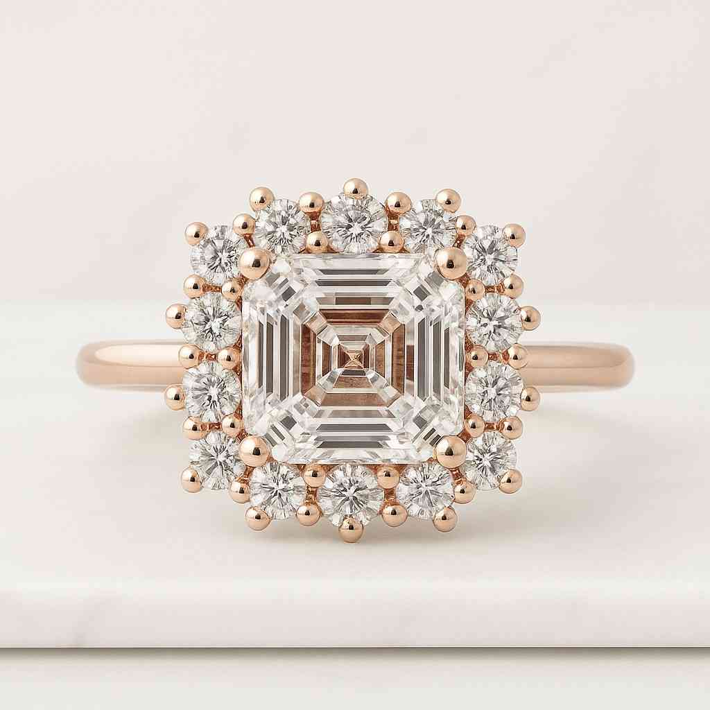 Asscher Cut CVD Diamond Accent Halo Ring Prong Set Lab Diamond Engagement Ring