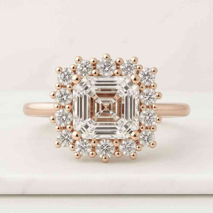 Asscher Cut CVD Diamond Accent Halo Ring Prong Set Lab Diamond Engagement Ring