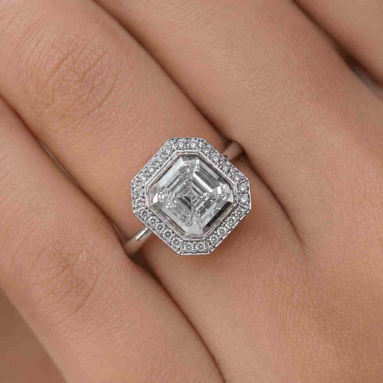 Asscher Cut Hidden Halo Claw Prong Ring in Lab Grown Diamond or Moissanite – Solid 14k Gold or Silver
