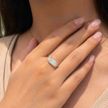 Asscher Cut Lab Grown Diamond Bypass Engagement Ring, Hidden Halo 14k Gold Ring (IGI Certified)