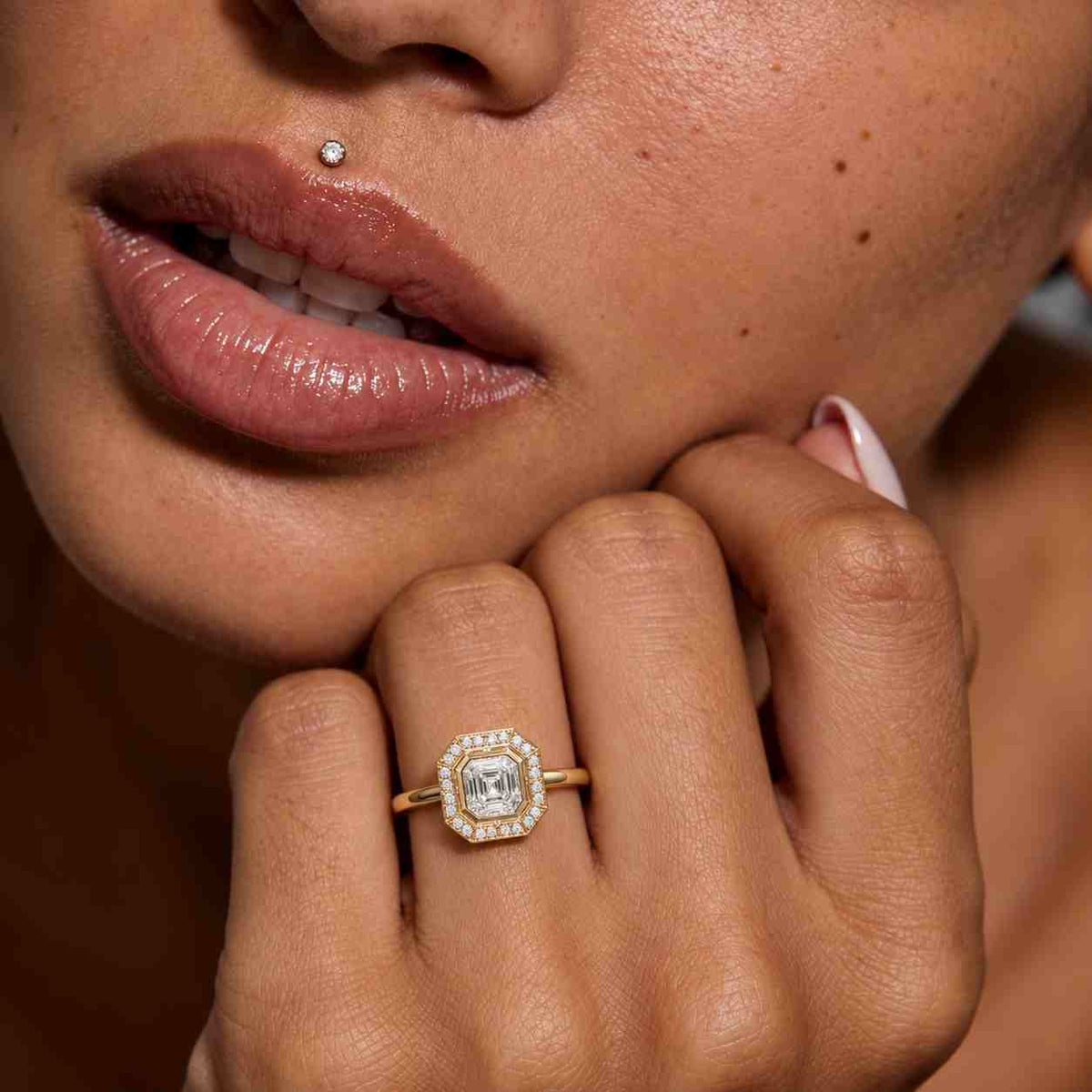 Asscher Cut Lab Grown Diamond Engagement Ring, Octagon Halo, 14K Gold Bridal Jewelry
