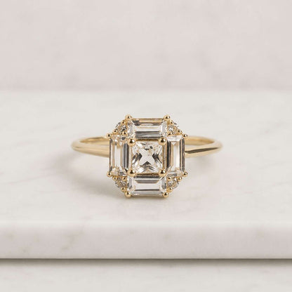 Asscher Cut Wedding Ring, Bezel Set Trapezoid Side Diamond, Geometric Ring, 14K Gold Ring.