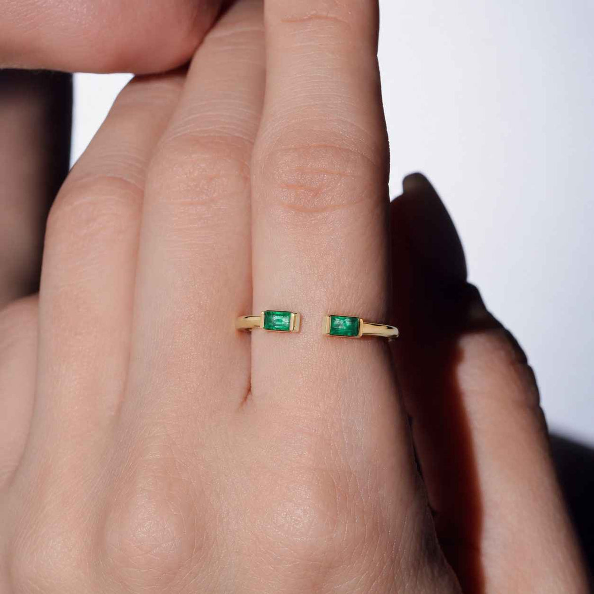 Baguette-cut Lab Emerald Open Wedding Band: 18K Yellow Gold, Custom Gemstone Rings for Women
