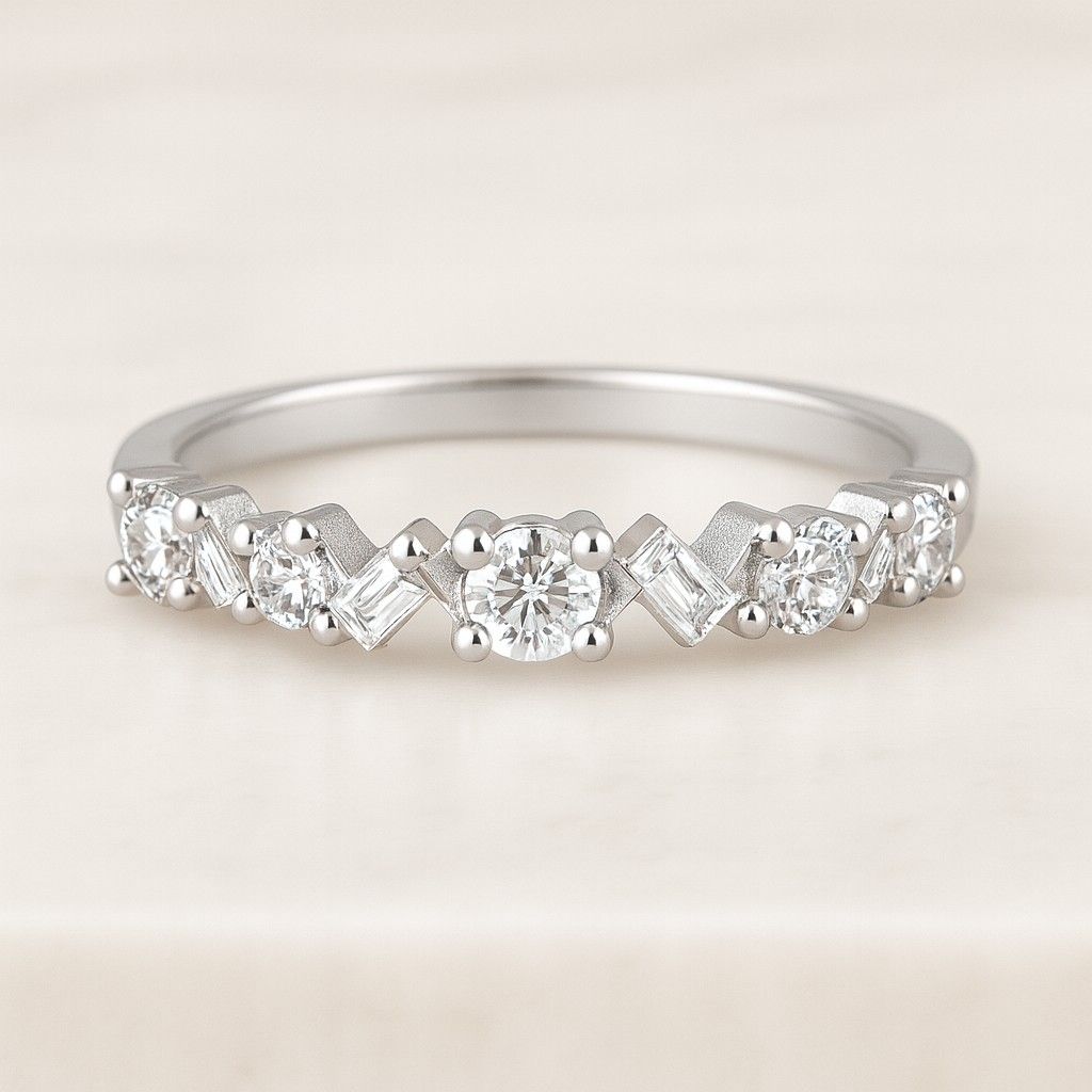 Baguette and Round-Cut Simulated Diamonds Wedding Ring Baguette Cut Moissanite Wedding Band