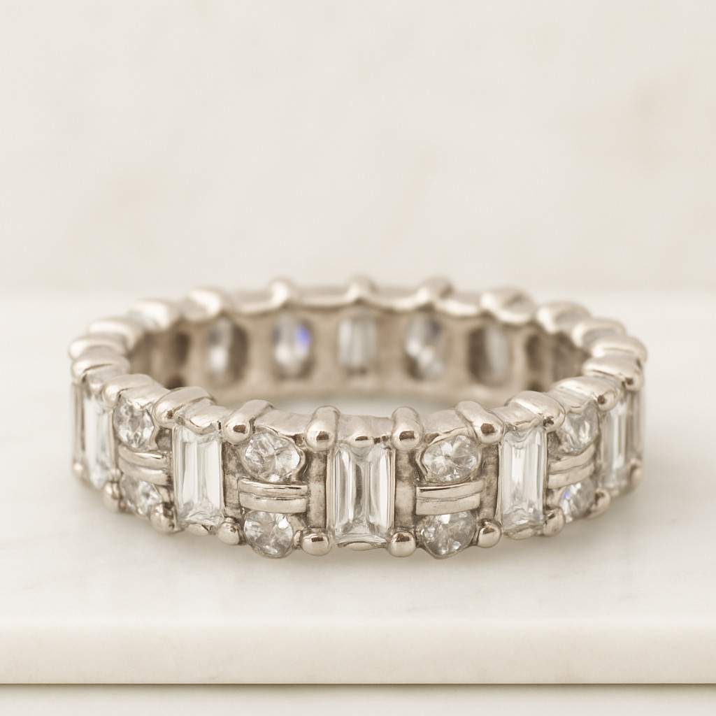 Baguette And Round Cut Cross Over Moissanite Wedding Band