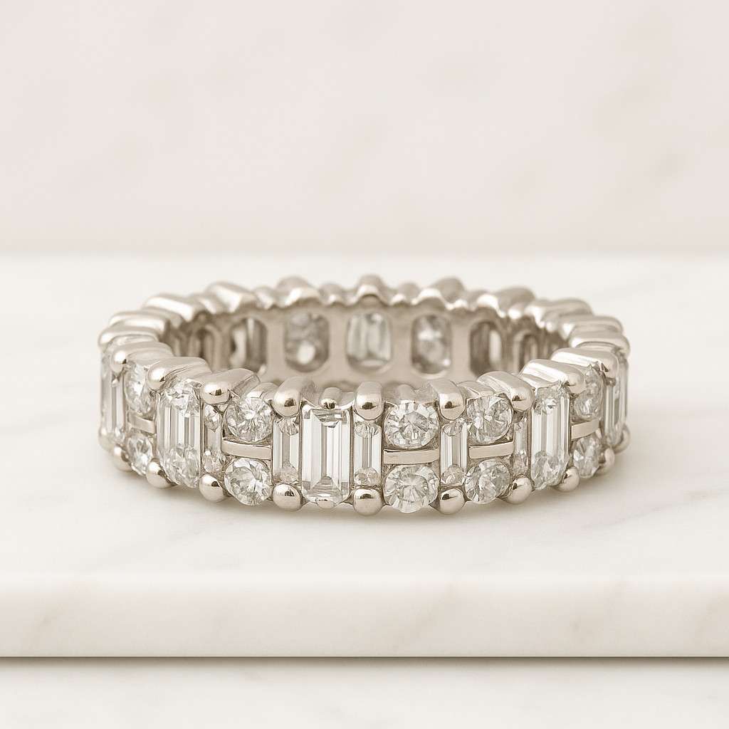 Baguette And Round Cut Moissanite Wedding Band Full Eternity Baguette Cut Wedding Band