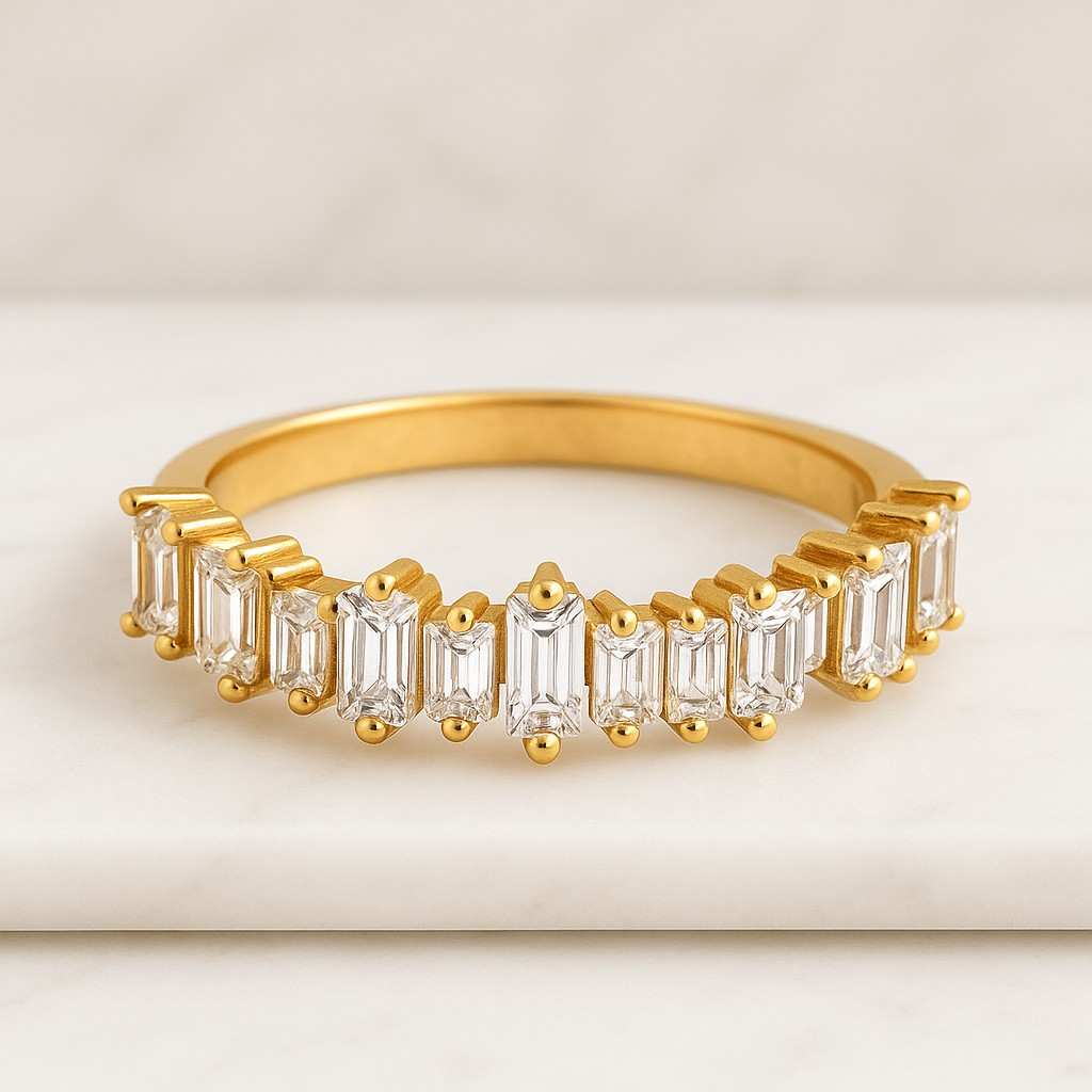 baguette cut lab grown diamond half eternity band alternative seven diamond band, round & baguette cut moissanite wedding band