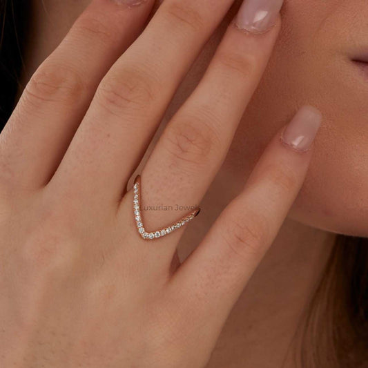 Baguette Cut Lab Grown Diamond Wedding Band V Shape Round Cut Band