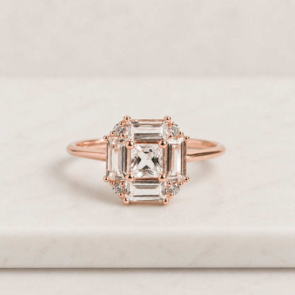 Baguette Cut Wedding Ring 14k Solid Gold CZ Diamond Cluster Ring Personalized Gift