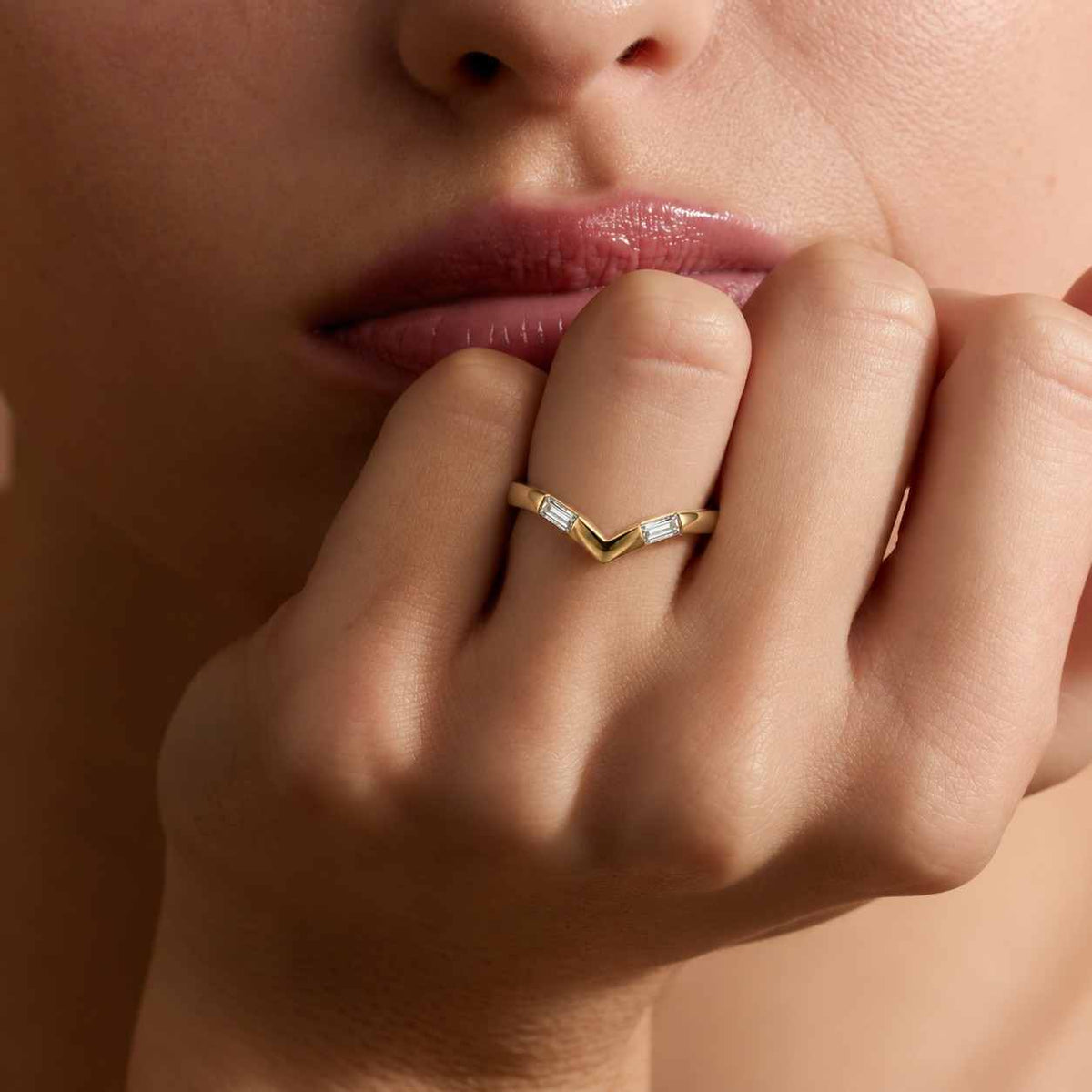Baguette Diamond Band - Chevron Stacking Band - Delicate Curved Ring