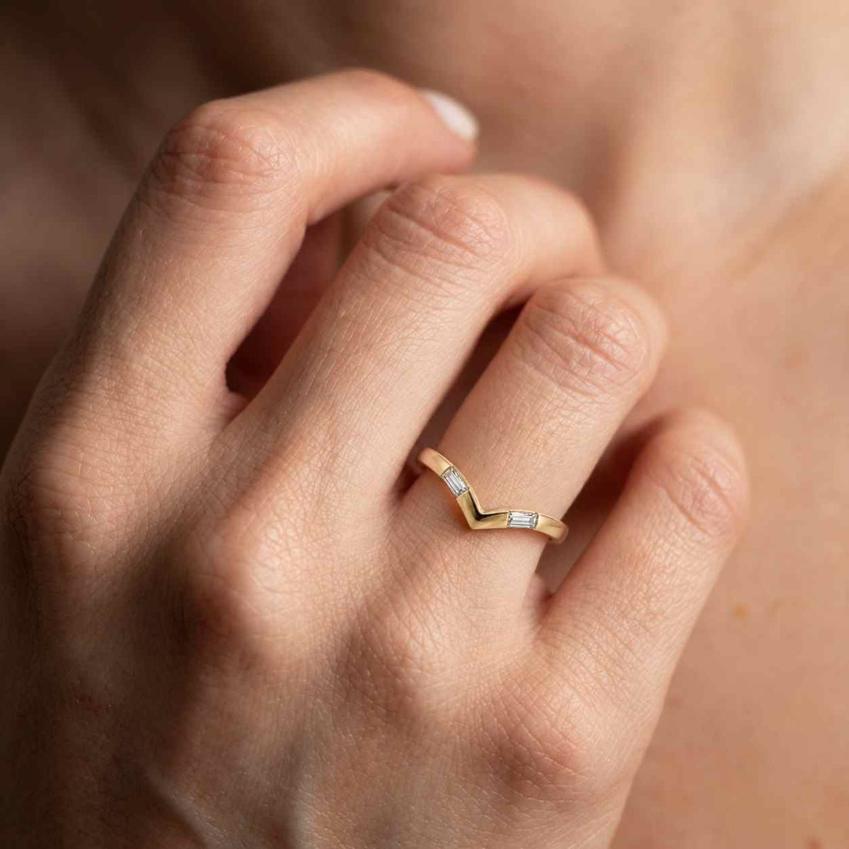Baguette Diamond Band - Chevron Stacking Band - Delicate Curved Ring 