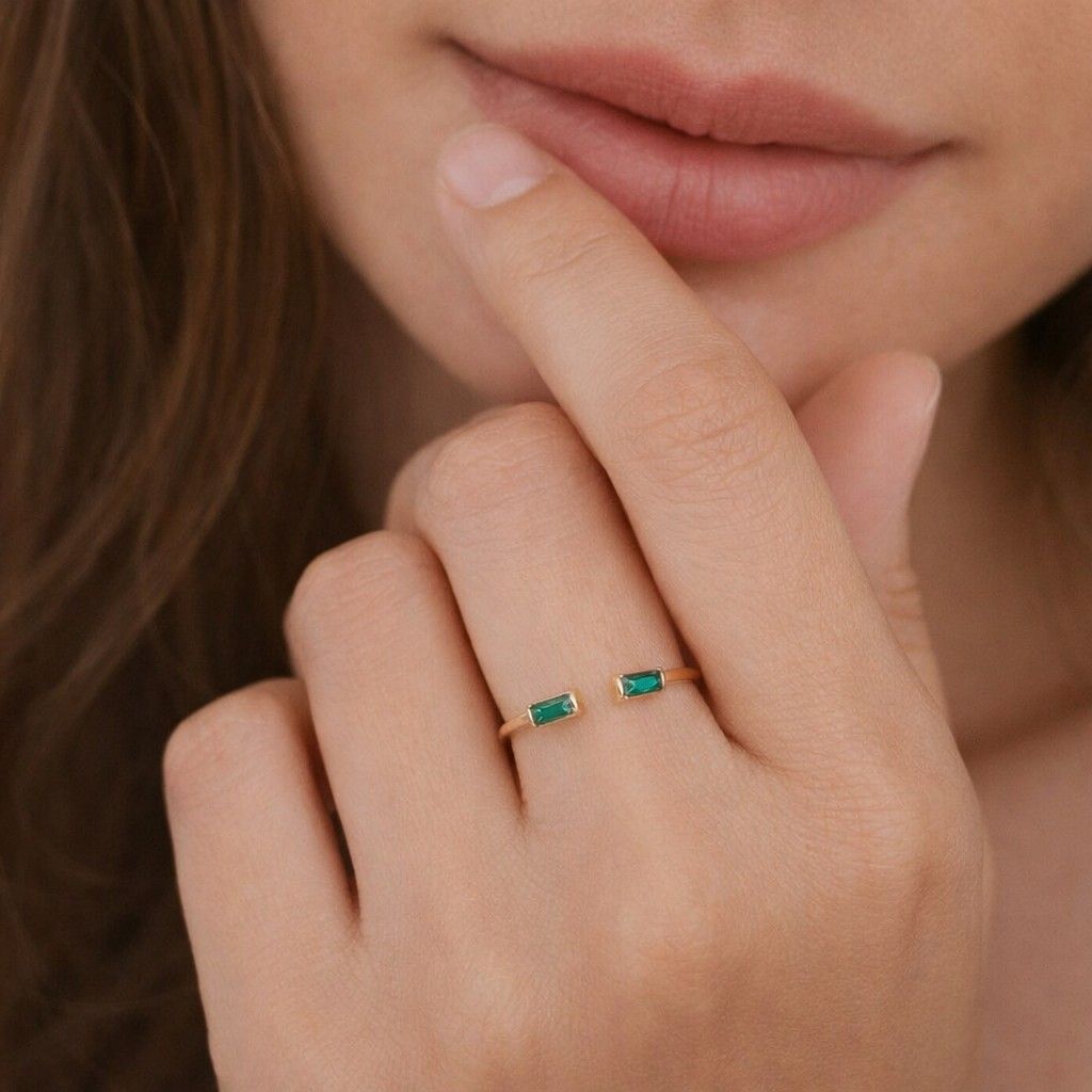 baguette emerald open ring: 14k gold stacking wedding band