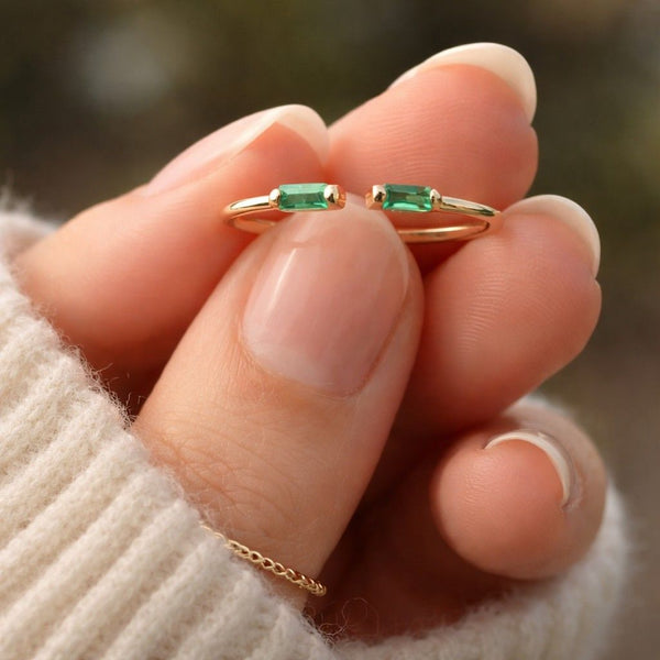 Baguette Emerald Sterling Silver Open Ring - May Birthstone