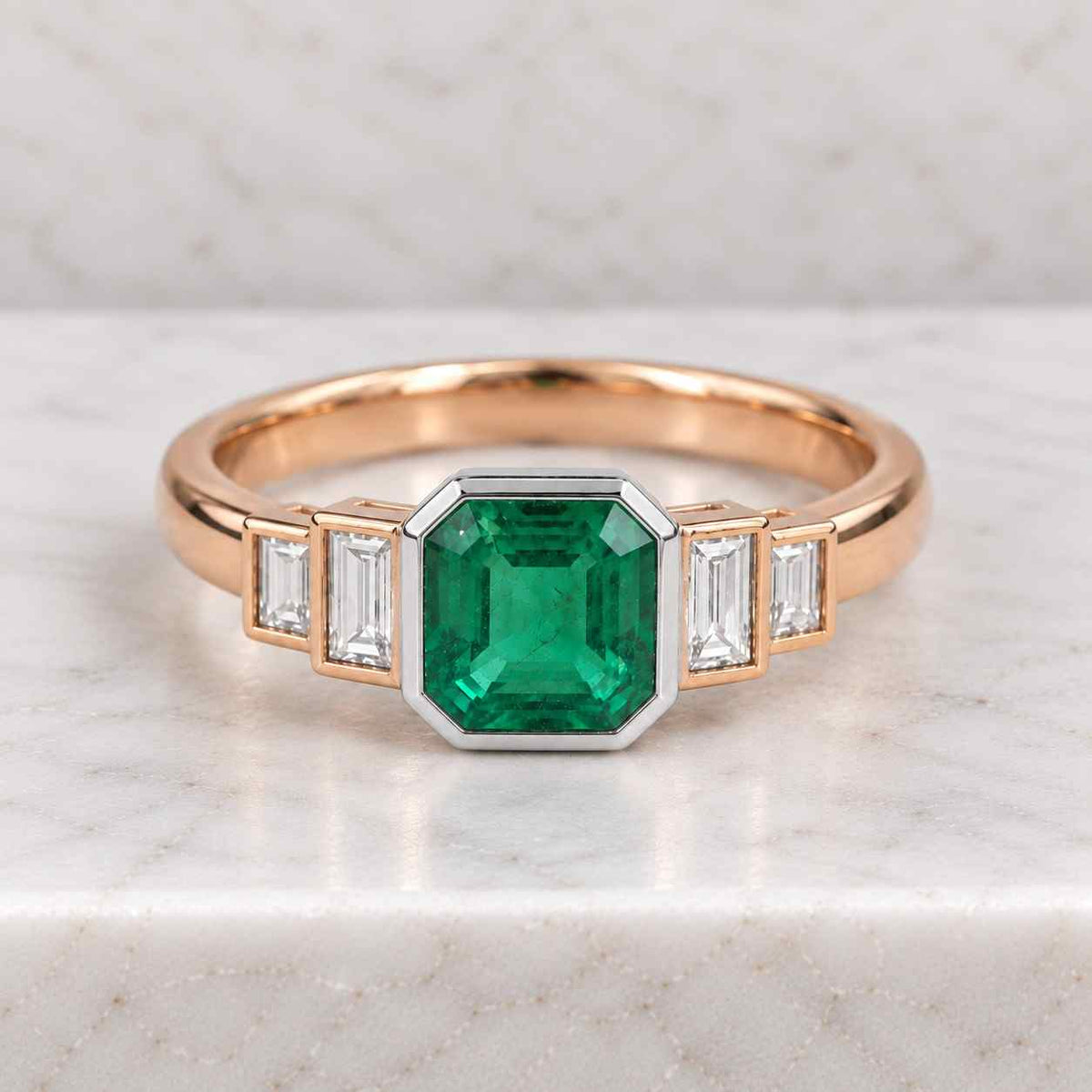 Baguette Emerald and Diamond ring, Baguette Emerald, round Diamonds. dainty ring, Green Gemstone 14K Gold ring
