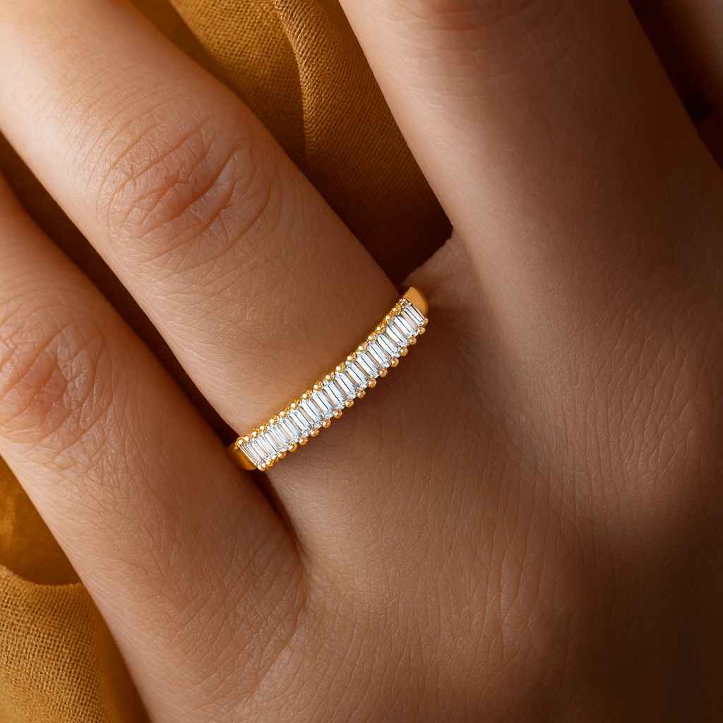 baguette moissanite eternity wedding band solid gold minimalist jewelry