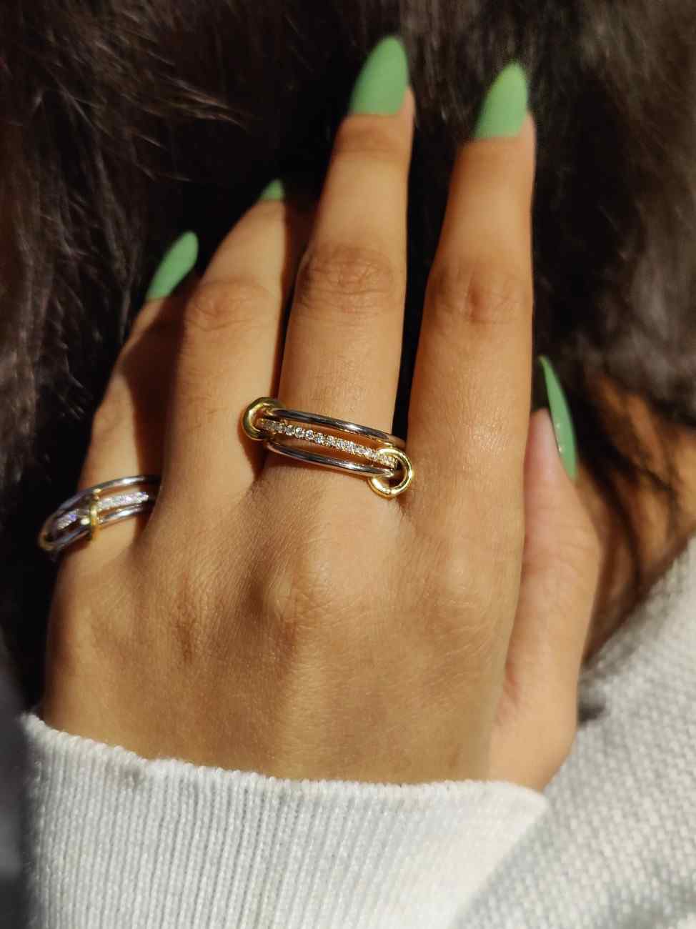 Baguette Moissanite Linked Ring Two Tone Gold Silver Statement Ring