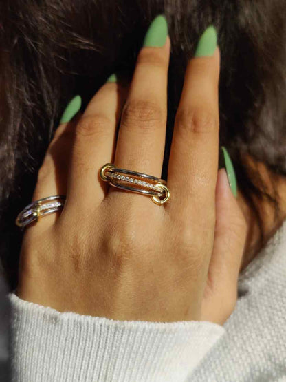 Baguette Moissanite Linked Ring Two Tone Gold Silver Statement Ring