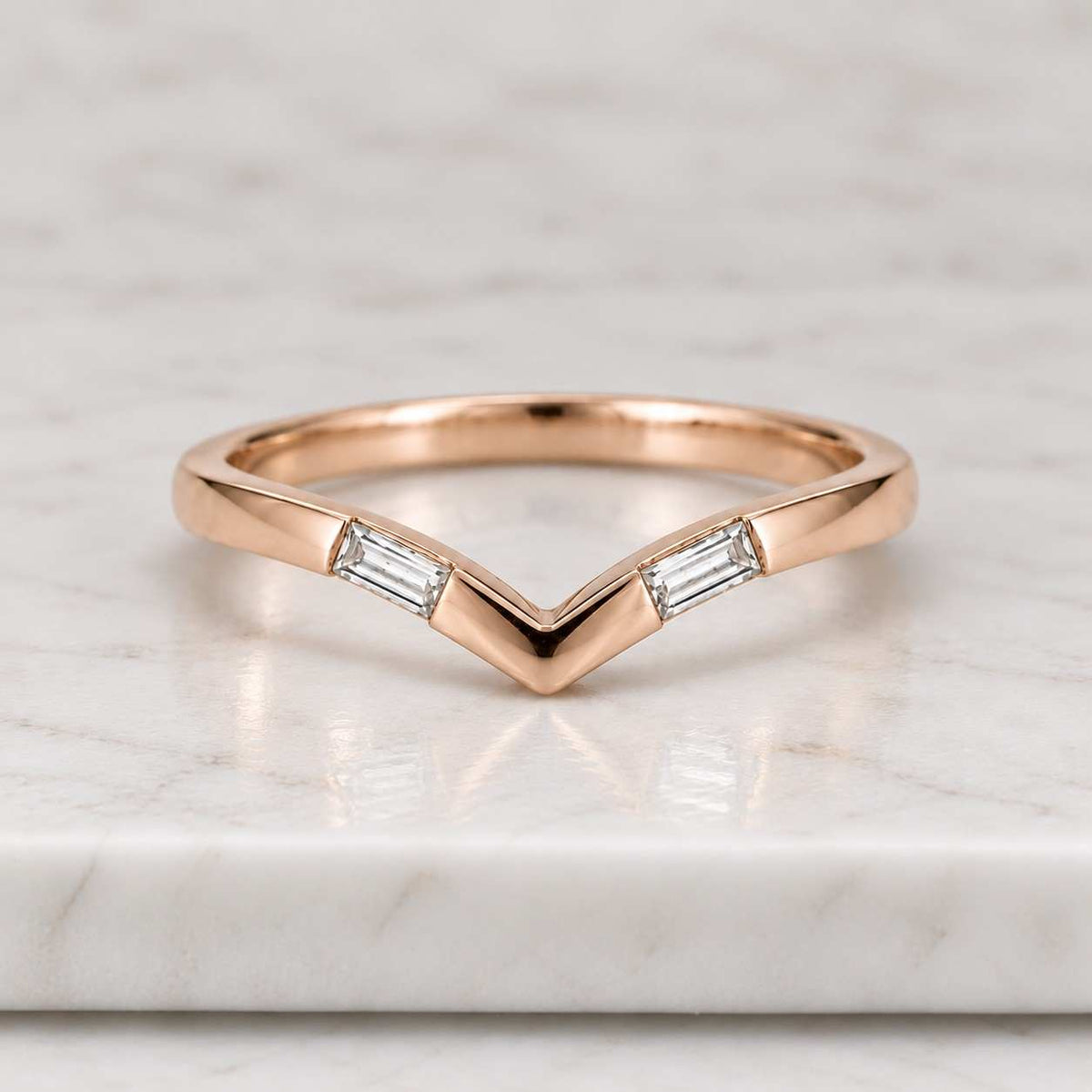 baguette & round diamond v shaped chevron wedding band, 14k gold lab grown diamond stackable ring
