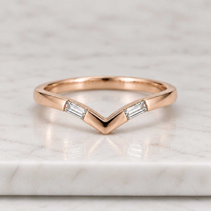 Baguette & Round Diamond V Shaped Chevron Wedding Band, 14k Gold Lab Grown Diamond Stackable Ring
