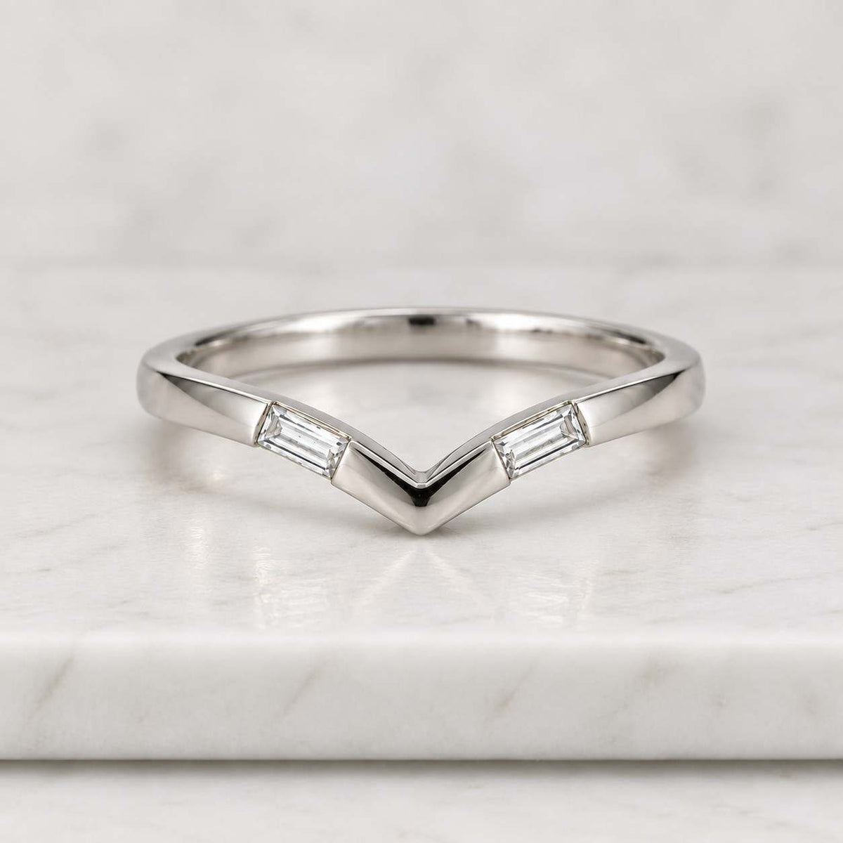 baguette & round diamond wedding ring, alternating round baguette wedding band, stack ring, curved wedding band chevron v ring 14k rose gold
